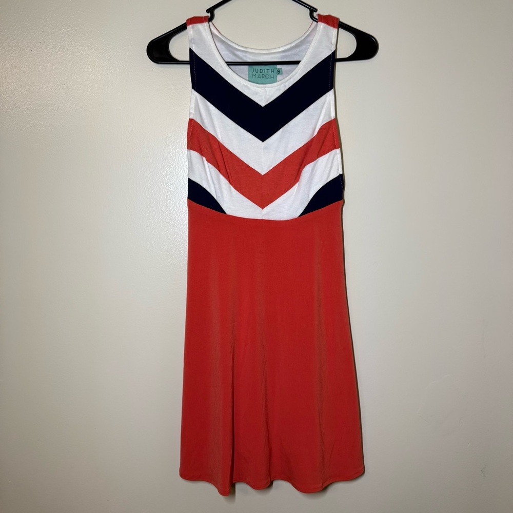 Judith March Navy, White, and Orange Chevron Midi Dress